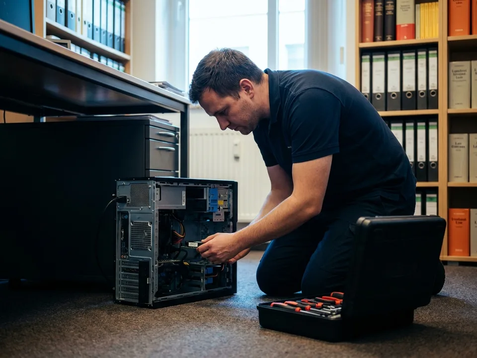 IT-Techniker tauscht beim Notfalleinsatz die SSD eines Büro-PCs vor Ort