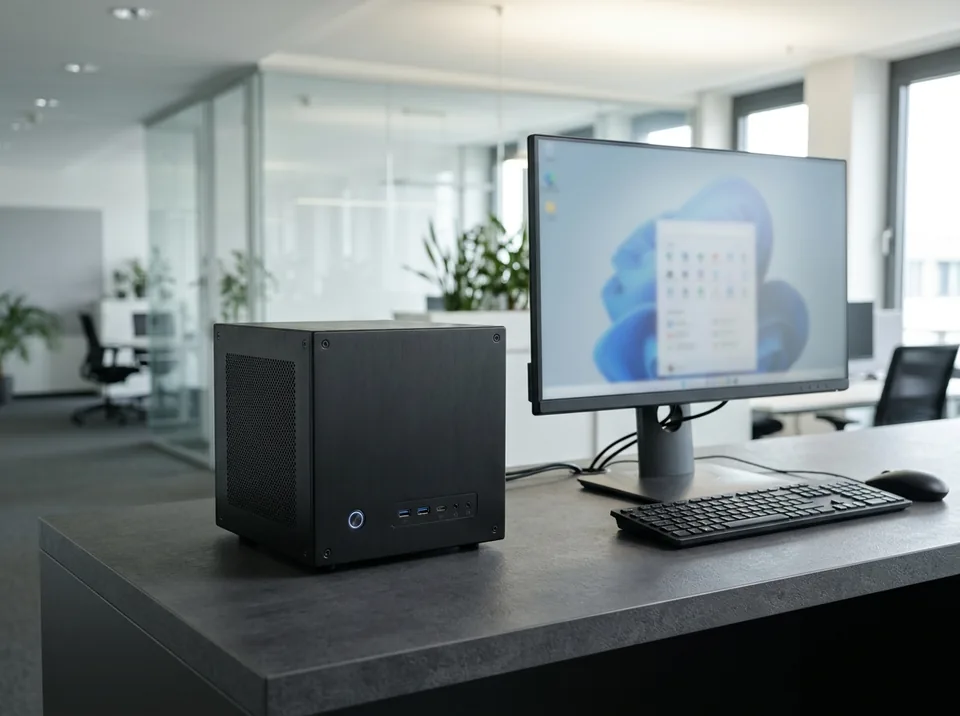 Kompakter SBH PC POS im Cube-Gehäuse auf einer Schreibtischfläche